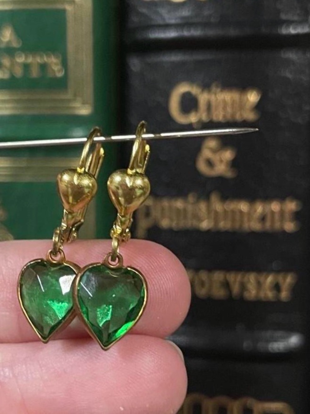 Gold Heart Drop Earrings with Green Heart Gemstones